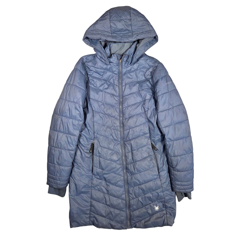 Spyder Girls Blue Long Puffer Jacket Hooded Fleece Lined Parka Size L 12/14